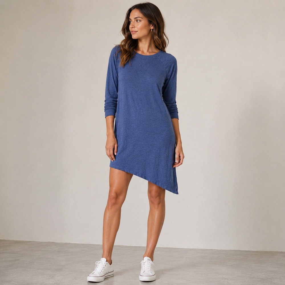 Sundry Asymmetrical Hem T-Shirt Dress Women Size 2 Blue‎ Long Sleeve Coastal